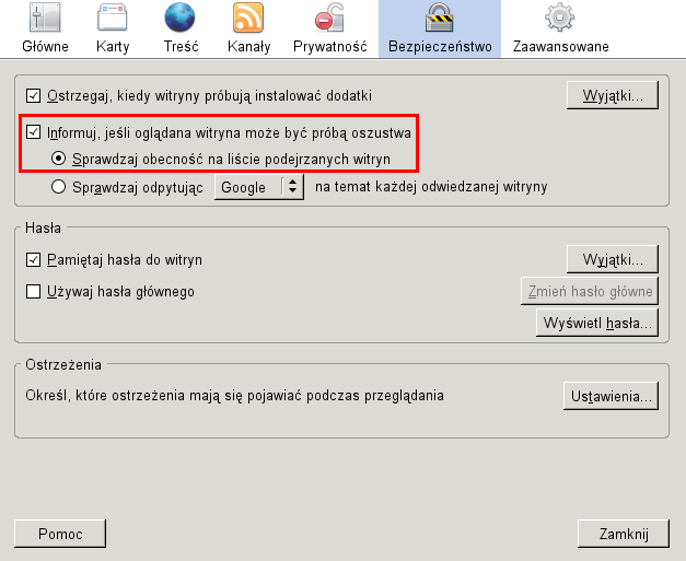 Zrzut ekranu okienka opcji "Bezpieczeństwo" (Linux, Firefox 2.0.0.x) z zaznaczonymi domyślnymi opcjami dotyczącymi "ochrony przed phishingiem" (czyli "Informuj, jeśli oglądana witryna może być próbą oszustwa" oraz "Sprawdzaj obecność na liście podejrzanych witryn")