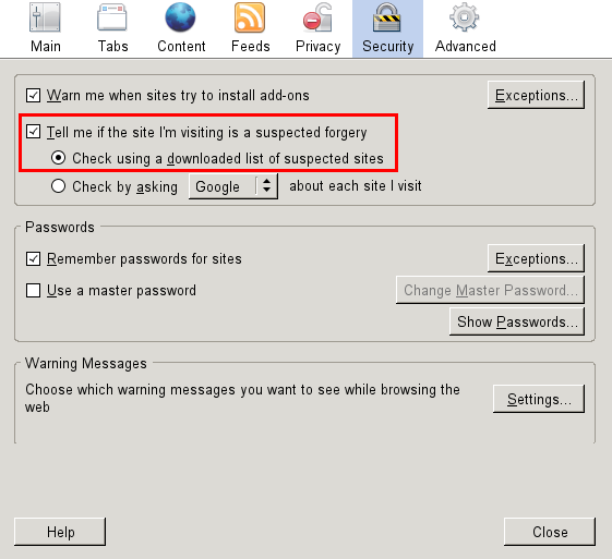 Screenshot of options window in Linux version of Firefox 2.0.0.x with marked options related with "phishing protection" (ie. "Tell me if the site I'm visiting is a suspected forgery" and "Check using a downloaded list of suspected sites")