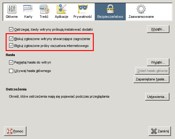 Zrzut ekranu okienka opcji "Bezpieczeństwo" (Linux, Firefox 3.5.x) z zaznaczonymi opcjami dotyczącymi "ochrony przed phishingiem/malwarem" (czyli: "Blokuj zgłoszone witryny stwarzające zagrożenie" oraz "Blokuj zgłoszone próby oszustwa internetowego")